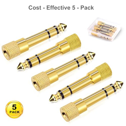 Aqdocvf 5-Pack 3.5mm to 1/4" Adapter, Gold Plated Headphone Jack Adapters | 1/4" to 3.5mm Adapter, Stereo Audio Headphone Adapters for Aux Cable, Headphones, Piano, Drums, Guitar Amplifier - color: gold-plated