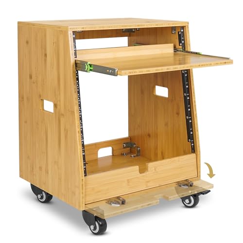Sound Town DIY Slanted 10U Studio Rack (2U Top + 8U Lower) with Slide-Out Tray, 2U Bottom Storage & Casters, Solid Carbonized Bamboo Audio Equipment Rack for Recording Room & Home Studio (STBR-ST10T) - size: 10U(2U Top + 8U Lower),Carbonized Bamboo
