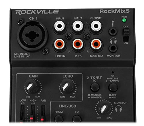 Rockville RockMix 5 Channel Pro Mixer with USB, Bluetooth, Echo, EQ | XLR/1/4" Mic/Line, RCA Inputs, 3.5mm Mic, 18V Phantom Power, 2-Band EQ, USB Recording, Headphone Out