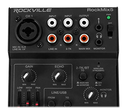 Rockville RockMix 5 Channel Pro Mixer with USB, Bluetooth, Echo, EQ | XLR/1/4" Mic/Line, RCA Inputs, 3.5mm Mic, 18V Phantom Power, 2-Band EQ, USB Recording, Headphone Out
