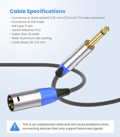 Tisino 1/4" to XLR Male Mono Cable Unbalanced Quarter inch to XLR Male Microphone Cable for Connecting Instruments to Mixers, 10 Feet - size: 10 feet