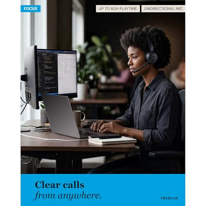 TREBLAB C7-Pro Wireless Bluetooth Headset, 60H Playtime, Bluetooth 5.3 | 40mm Drivers, Type-C Fast Charging, IPX4 Waterproof, Wireless Headset with Mic for Work, Home Office, Calls, Laptop, PC