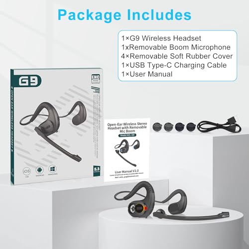 iDIGMALL Bluetooth Headset, Open Ear Headphones with Detachable Microphone | Multi-Point Wireless Headset with DSP Noise Canceling Mic for Phone PC Laptop Office Meeting Home Work, Comfort & Light, 12H