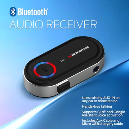 Monster Bluetooth Audio Receiver for Car & Home Stereo, Wireless 3.5 mm AUX Adapter for Speakers & Wired Headphones, Hands-Free Calling, Siri & Google Assistant Compatible