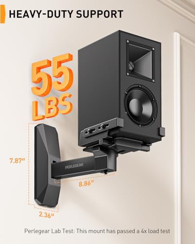Perlegear Speaker Wall Mounts, Bookshelf Speaker Mounting Brackets with Dual Side Stable Clamp Design, Wide Tilt & Swivel Shelf for Large Surrounding Sound Speakers, Up to 55 lbs, 1 Pair