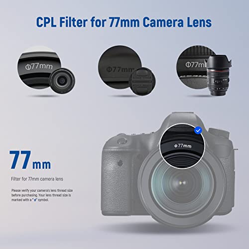 Neewer 77mm 편광 필터 30겹 다중 저항 나노 코팅 원형 편광 필터(CPL) 눈부심 감소/대비 향상/울트라 슬림/반사 감소/HD 광학 유리 편광 필터 - size: 77mm