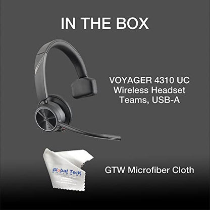 Poly Voyager 4310 Plantronics UC Wireless Bluetooth Mono Headset (USB-A) Teams - Bundled w/Global Teck Microfiber - Compatible Deskphone, PC/Mac, for Zoom, RingCentral, Vonage - color: Mono - No Charging Stand