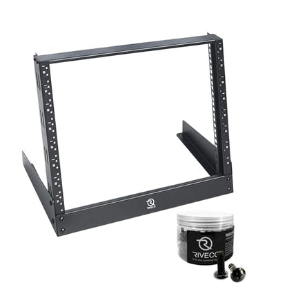 RIVECO 8u Tabletop Rack for Audio & Network, Desktop Rack Shelf Tappered Holes Open Frame Sound Recording Shelf & 10-32 Rack Screws 100PCS
