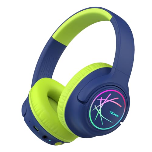 iClever BTH18 Kids Bluetooth Headphones LED Lights for Toddler Boys Girls | SafeSound Tech, 43H Playtime Stereo Sound, USB C Charging AUX Cable, Over Ear Kids Headphones Wireless for iPad/Tablet/Travel - color: C-Green/Blue
