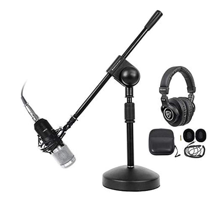 Rockville RCM01 Gaming Mic with RDMS70 Boom Stand and PRO-M50 Headphones | 25mm Cardioid, XLR and 3.5mm Cables, 48V Phantom Power, Shock Mount, Detachable Coil Cable, Headphone Case, Twitch, 3-Items