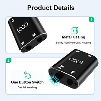 3.5mm Stereo Audio Switcher (1 in 2 Out/2 in 1 Out) | with 3.5mm Audio Cable, 2 Ports AUX Audio Speaker Selector, for PC Phone Laptop Headphone