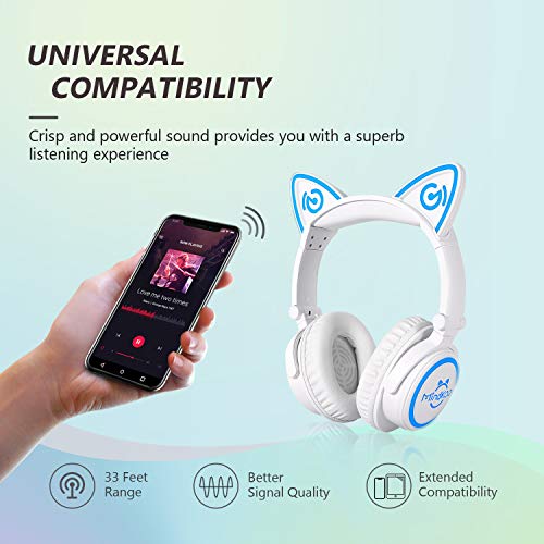Bluetooth Cat Ear Headphones with LED Lights for Kids & Adults