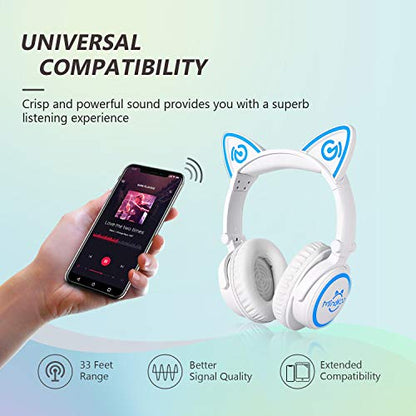 Bluetooth Cat Ear Headphones with LED Lights for Kids & Adults