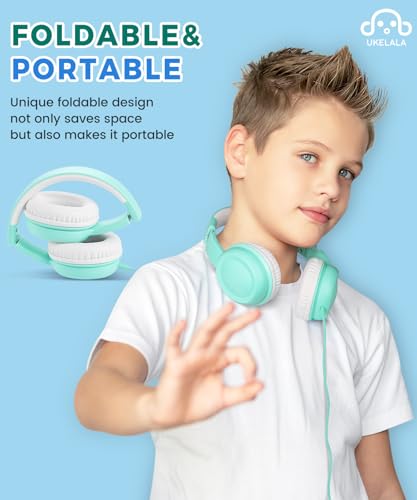 UKELALA C3 Kids Headphones Wired, On-Ear Wired Head Phones for Boys Girls with 3.5mm Jack, Foldable, Adjustable Headband, Child Headphone for School Home Airplane Tablet Teal - color: Teal