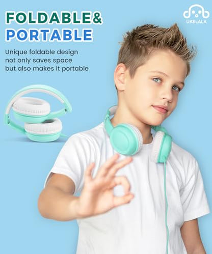 UKELALA C3 Kids Headphones Wired, On-Ear Wired Head Phones for Boys Girls with 3.5mm Jack, Foldable, Adjustable Headband, Child Headphone for School Home Airplane Tablet Teal - color: Teal