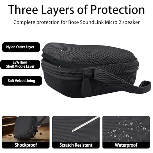 for Bose New SoundLink Micro 2nd Gen Speaker Protective Case, Black | EVA Hard Shell, Soft Velvet Lining, Durable Wrist Strap, Portable Travel Bag with Carabiner, Mesh Accessory Pocket - color: Black Case
