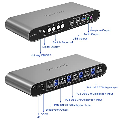 4 Computers 1 DP Monitor Automatic KVM Switch 4K@144Hz 8K30Hz with Complete Cable Set, Hotkey Switching, Support Audio Microphone and USB Hub, Aluminum Alloy Shell, Digital Display, HDR10 - style: 4 Computers 1 DP Monitor USB 3.0