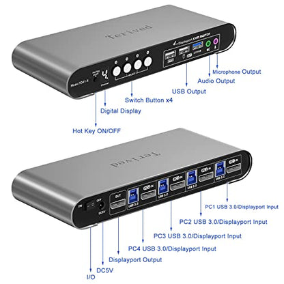 4 Computers 1 DP Monitor Automatic KVM Switch 4K@144Hz 8K30Hz with Complete Cable Set, Hotkey Switching, Support Audio Microphone and USB Hub, Aluminum Alloy Shell, Digital Display, HDR10 - style: 4 Computers 1 DP Monitor USB 3.0