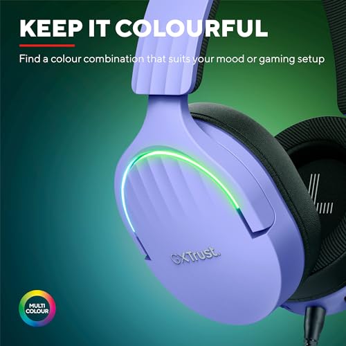 Trust Gaming GXT 490P Fayzo USB Gaming Headset 7.1 Surround Sound, 50mm Drivers, 35% Recycled Plastics, RGB Over-Ear Wired Headphones, with Noise Cancelling Microphone for PC PS5 - Purple - color: Purple, style: USB 7.1 Surround Sound