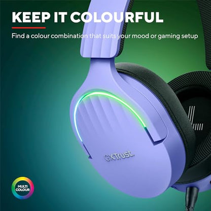 Trust Gaming GXT 490P Fayzo USB Gaming Headset 7.1 Surround Sound, 50mm Drivers, 35% Recycled Plastics, RGB Over-Ear Wired Headphones, with Noise Cancelling Microphone for PC PS5 - Purple - color: Purple, style: USB 7.1 Surround Sound
