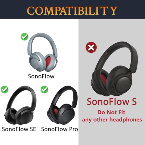 SOULWIT Professional Earpads Cushions Replacement for 1MORE SonoFlow/SonoFlow SE/SonoFlow Pro Headphones, Ear Pads with Soft Protein Leather, Noise Isolation Foam - Grey - color: Grey