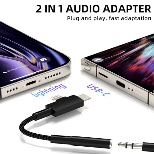 Aux to USB C Adapter for iPhone 17 16 15 14 13 Pro Max Lightning Headphone Jack 3.5mm Audio Cable (2in1) Accessories Headset Auxiliary Computer Compatible with Samsung S22 for Apple Microphone Dapter