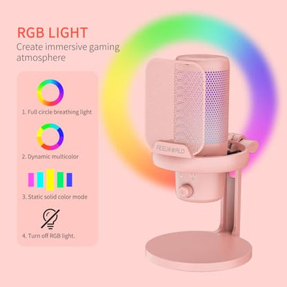 FEELWORLD VM1 Pink USB Gaming Condenser Microphone for pc, Desktop Stand - color: Pink