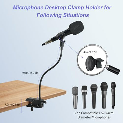 Flexible Gooseneck Microphone Holder & Quick-Release Mic Clip with Adapter Clamp, Compatible with Standard 3/8" Thread Microphones for Studio Streaming