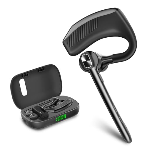 Bluetooth Headset Wireless Earpiece Single Ear Headset with Microphone | 180H Playtime 1000mAh Charging Case Wireless Charging LED Display Handsfree for iPhone Android PC Computer Trucker Drivers - color: Black