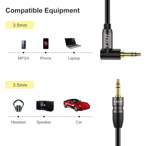 J&D 1/8 Stereo Cable, 3.5mm Extension Double Male Stereo Audio Aux Jack to Jack Cable 90 Degree Right Angle for Phone Tablet MP3 Player and All Other Devices, 10 Feet (Pack of 2) - size: 10 Feet (Pack of 2)