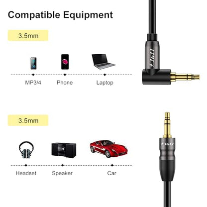 J&D 1/8 Stereo Cable, 3.5mm Extension Double Male Stereo Audio Aux Jack to Jack Cable 90 Degree Right Angle for Phone Tablet MP3 Player and All Other Devices, 10 Feet (Pack of 2) - size: 10 Feet (Pack of 2)