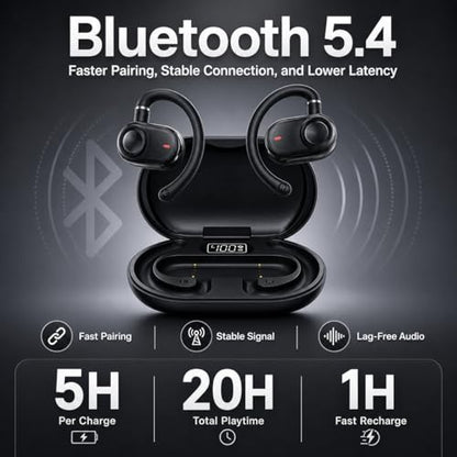 Open Ear Earbuds Bi-Axial Custom Fit Immersive Sound Wireless Headphones | Over The Ear Bluetooth Ear Buds Waterproof Long Battery for Running Outdoor Sports Travel Conference - OpenBass Fit Black - color: Onyx Black