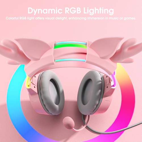 Lightweight Gaming Headset, RGB Lighting, Wired Over Ear Headphones with Mic for PC, PS4, PS5, Xbox, Switch, Stereo Surround Sound, Self-Adjusting Headband, Pink Deer Ear - color: Pink Deer Ear