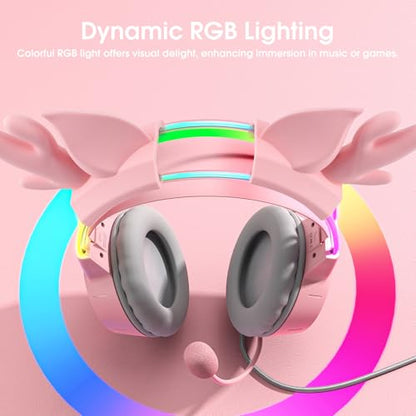 Lightweight Gaming Headset, RGB Lighting, Wired Over Ear Headphones with Mic for PC, PS4, PS5, Xbox, Switch, Stereo Surround Sound, Self-Adjusting Headband, Pink Deer Ear - color: Pink Deer Ear