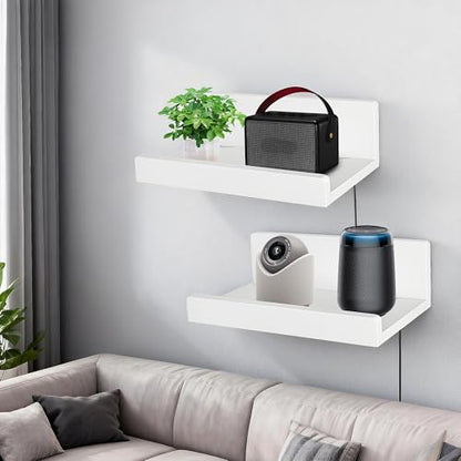 Floating Wall Shelves Set of 2, 12-Inch Solid Wood Shelves with Cable Holes, Small Display Shelf for Router, Webcam, Smart Speaker, Camera – White - color: White, size: 12 Inch-2 Pcs