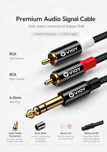 VIOY 1/4 to RCA Cable 5 FT, TRS Male to Dual RCA Male Stereo Splitter | Copper shell, dual shielding lossless Hi-Fi sound,braided bidirectional transmission for amplifier, mixer, home theater - color: Black, size: 5FT