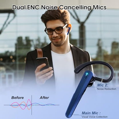 Bluetooth Headset V5.3, Wireless Headset with ENC Noise Canceling Mic | 120Hrs Talk Single-Ear Bluetooth Earpiece, LED Display, IP7 Waterproof Hand-Free Earphone for Business/Trucker, Dark Blue - color: Dark Blue