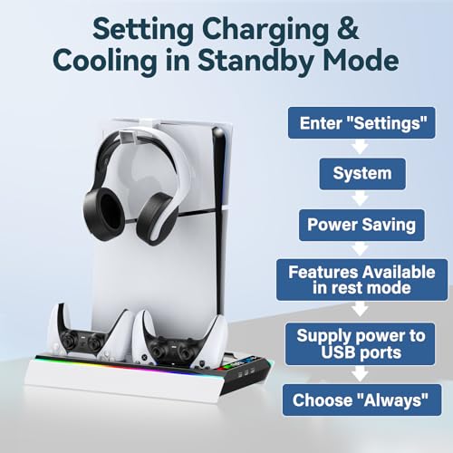 Tokluck PS5/Slim/Pro Cooling Station with Auto Turbofan & 3-Level Speed, PS5 Vertical Stand Cooling Fan Station with Controller Charger, Cooler Docking Station for PlayStation 4 Adapters - color: Black&White