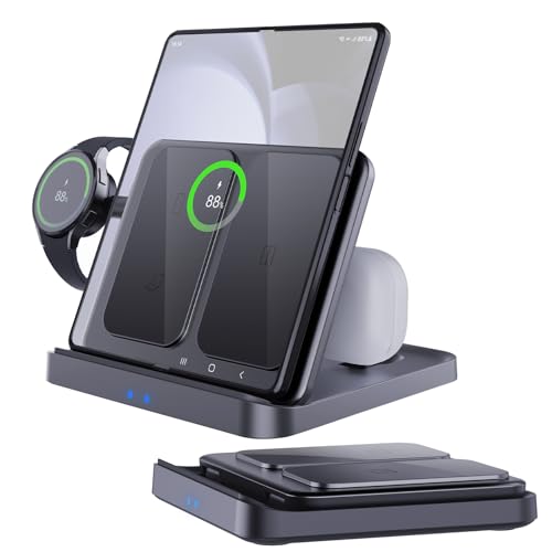 3 in 1 Foldable Wireless Charging Station for Galaxy Z Fold &Z Flip | 3-in-1 foldable fast charging dock compatible with Galaxy Z Fold 7,6,5,4, Flip6,5,Watch6,6 Classic,Galaxy Buds 2,Pro,Live
