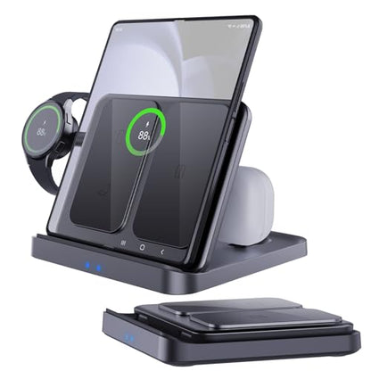 3 in 1 Foldable Wireless Charging Station for Galaxy Z Fold &Z Flip | 3-in-1 foldable fast charging dock compatible with Galaxy Z Fold 7,6,5,4, Flip6,5,Watch6,6 Classic,Galaxy Buds 2,Pro,Live