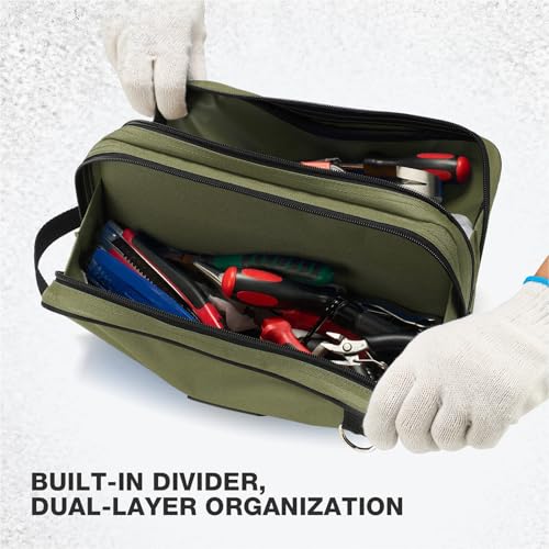 HISEA Small Tool Bag, 12 Inch Tool Pouch with 2 Compartments | with Adjustable Shoulder Strap, Zipper Tool Organizer Bag for Electrican, Mechanic, Screwdriver Storage - color: Green