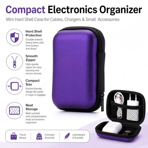 Headphone Case Hard Edge Zipper Bag Compact Portable Headset Storage Bag for Wireless,Headphones Earbuds Cables Charging Cable Travel Waterproof Commuting Home - color: Purple