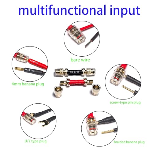 WJSTN 4 Pack 4mm Banana Plug Adapter & Multifunctional Audio Extension Cable Coupler - Connect Banana Plugs, Bare Wires, Y-Spool Terminals for Input/Output 2 Red/2 Black (4)