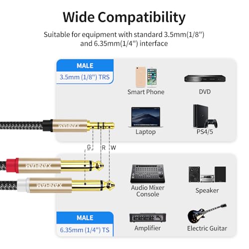 1/8 to Dual 1/4 Stereo Audio Cable 10 Feet /3M 3.5mm TRS Male Mini Jack to Dual TS 6.35mm Male Jack Mono Y Splitter Cord Adapter, Double Shielded with Braiding - size: 10 Feet /3M
