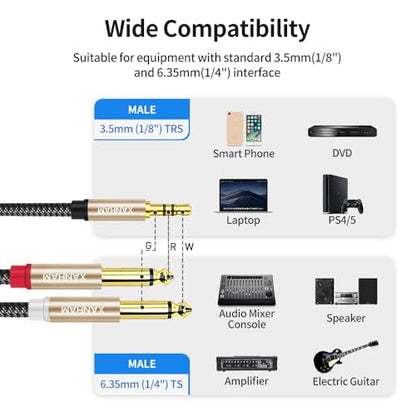 1/8 to Dual 1/4 Stereo Audio Cable 10 Feet /3M 3.5mm TRS Male Mini Jack to Dual TS 6.35mm Male Jack Mono Y Splitter Cord Adapter, Double Shielded with Braiding - size: 10 Feet /3M