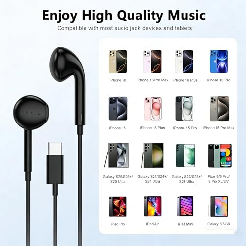 [Apple MFi Certified] USB C Headphones for iPhone 17 16 15 Pro Max 2 Pack | Wired USB C Earphones/Earbuds with Built-in Remote to Control Music/Phone Calls/Volume, Compatible for iPhone 17 16 15/Galaxy - color: CBlack