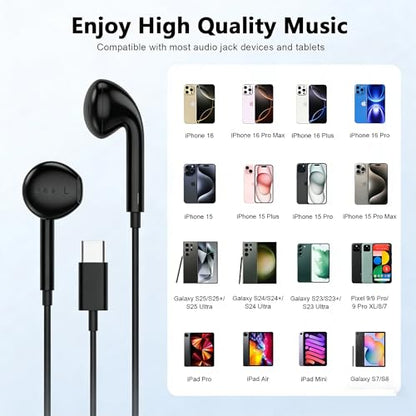 [Apple MFi Certified] USB C Headphones for iPhone 17 16 15 Pro Max 2 Pack | Wired USB C Earphones/Earbuds with Built-in Remote to Control Music/Phone Calls/Volume, Compatible for iPhone 17 16 15/Galaxy - color: CBlack
