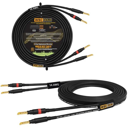 WORLDS BEST CABLES 25 Foot WBC-GOLD-LOCAP-SPKR-14 AWG - Low-Capacitance - Low-Inductance - High Purity OFC - Audiophile HiFi Speaker Cable Pair with Eminence Gold Banana Plugs - size: 25 FT, style: 2 Cables - Banana-Banana