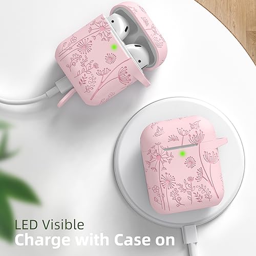 Lerobo for AirPod Case 2nd/1st Generation with Keychain for Women Girl | Cute Flower Engraved Silicone Protective Cover for AirPods 2 Case, Wireless Charging, Led Visible, One-piece Design, Pink - color: Pink