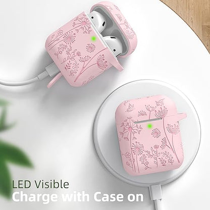 Lerobo for AirPod Case 2nd/1st Generation with Keychain for Women Girl | Cute Flower Engraved Silicone Protective Cover for AirPods 2 Case, Wireless Charging, Led Visible, One-piece Design, Pink - color: Pink